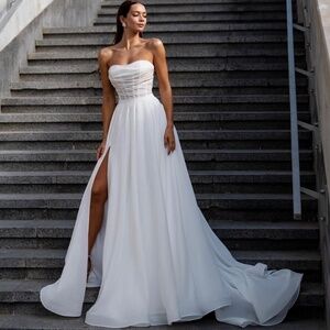 Designer Minimalist Strapless Wedding Dress • Corset Bodice • High Slit • Train
